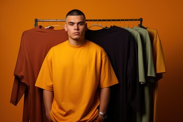 Poster - A man stands in front of a rack of shirts, wearing a yellow shirt