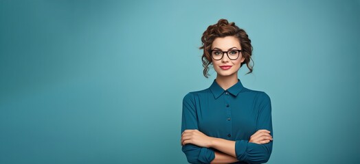 Wall Mural - A woman with glasses and a blue shirt is standing with her arms crossed