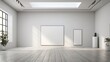 © Fukuro - empty white canvas on a wall in a bright gallery space with minimalist design concept of modern art exhibition 3d rendering mock up
