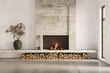 © Василь Чейпеш - Wabi sabi style interior with rustic fireplace and white stucco walls. Wall mockup, 3d rendering
