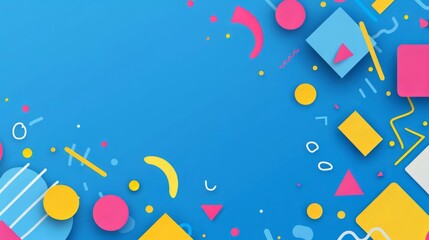 Blue background with colorful geometric shapes and lines, in the cartoon style.