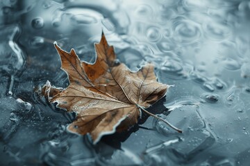 Wall Mural - A leaf lying on the ice, with frost and ripples forming around it. The background is a grayish-blue color, creating an atmosphere of coldness. In close-up shots, the leaves have clear textures and det