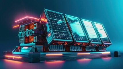 Energy storage systems with batteries and solar panels, futuristic tone, vivid color scheme, side view, showcasing renewable energy solutions