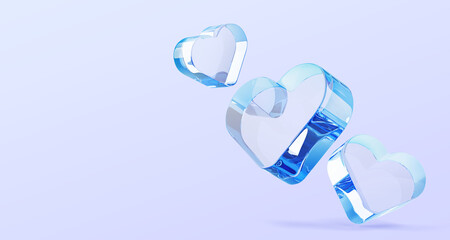 Poster - 3d abstract liquid glass transparent hearts render background. Valentine sale banner with blue glossy crystal bubbles romantic love symbols and empty space for Mother day or wedding. 3D illustration