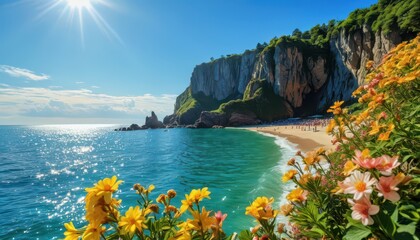 Poster - Idyllic Beach Scene with Cliffs and Flowers