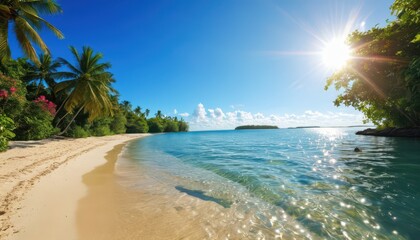 Poster - Tropical Beach Paradise with Palm Trees and Sun.