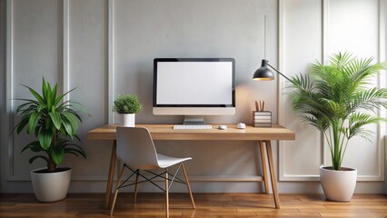 Wall Mural - A 3D Rendering Of A Minimal Home Office With A Large Imac, A Desk, A Chair, And Plants.