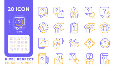 Poster - question mark related two color line icons set. asking questions bicolor outline iconset isolated. c