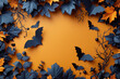 © Khawla - Black bats and white ghosts on orange background, Halloween concept. Flat lay of halloween decorations with paper cut bat, ghost, tree branch and copy space area for text