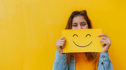 A person holding a yellow card with a smiley face, symbolizing satisfaction and happiness. The matching yellow background creates a cohesive and cheerful visual theme.