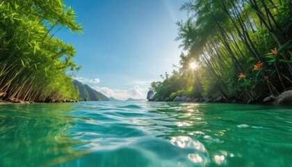 Lush Green Tropical Lagoon with Sunbeams.