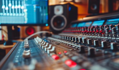 Poster - Close-Up of a Sound Mixing Console in a Recording Studio