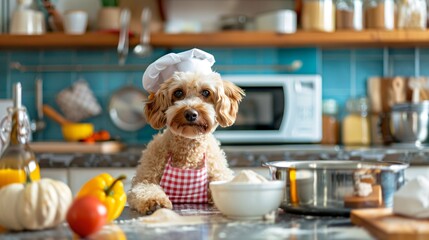 Cute dog dressed as a chef in kitchen setting with vegetables and cookware