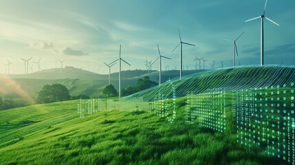 Renewable energy sources in a green landscape, digital binary as object, vivid color scheme, side view, showcasing ecofriendly power solutions