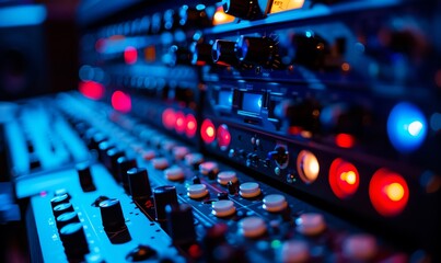 Poster - Close-up of Audio Mixing Console with Colorful Lights