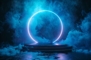 Canvas Print - Mystical futuristic portal enveloped in mist, circular luminous futuristic transportation device, glowing neon lights adorn dark setting with sparkle against black backdrop