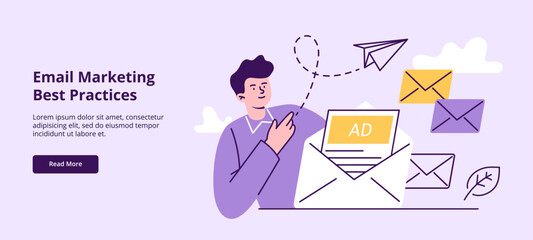 Fototapete - A man sends an email newsletter with advertising. Email marketing, internet marketing tools, and promotion. Trendy vector flat illustration isolated on a white background.
