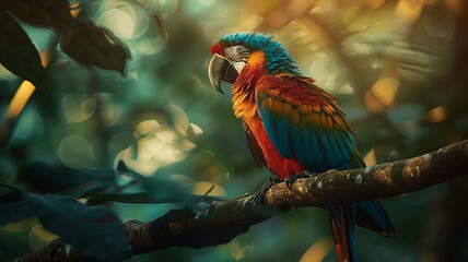 Wall Mural - Vibrant macaw perching on branch in rainforest, AI Generative.