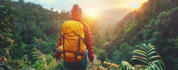 A woman is hiking in the woods with a yellow backpack. The sun is setting in the background, creating a warm and peaceful atmosphere