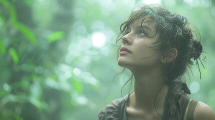 Wall Mural - A woman with wet hair is standing in a forest. The image has a moody and mysterious feel to it, as the woman is lost or searching for something. The rain adds to the atmosphere