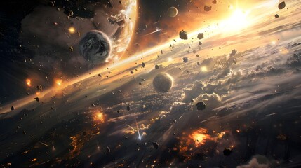 a cosmic collision: planets and debris collide in a fiery dance