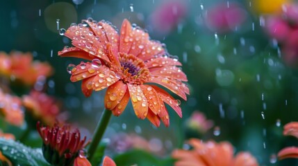 Wall Mural - The sight of rain-soaked flowers, their petals glistening with droplets, highlights nature's resilience and beauty.