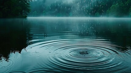 Poster - The sight of rain falling on a lake, creating countless ripples, is a mesmerizing and tranquil scene.