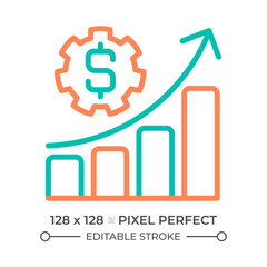 Wall Mural - Budget two color line icon. Bar charts and gear bicolor outline symbol. Operations cost. Business development. Revenue growth. Duotone linear pictogram. Isolated illustration. Editable stroke