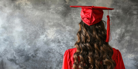 Wall Mural - A woman wearing a red graduation cap and gown stands in front of a grey wall. Concept of accomplishment and pride, as the woman is likely a graduate about to receive her diploma
