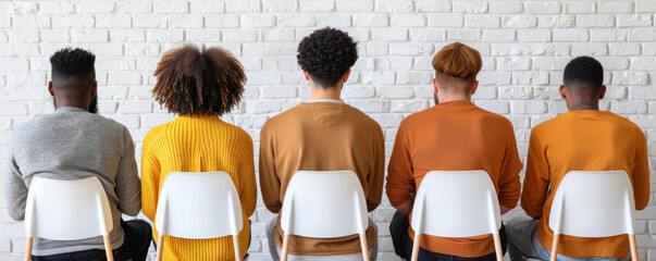 Poster - A group of people sit in chairs in a row, with one person wearing a yellow sweater. The chairs are white and the wall behind them is made of bricks
