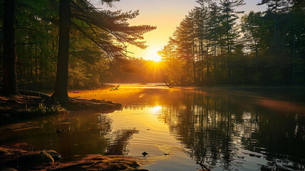 Wall Mural - Tranquil scene of sunset over forest and pond, AI Generative.