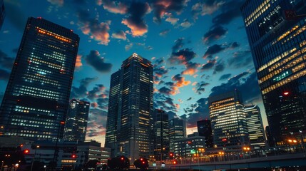 Sticker - The sky over a bustling city, illuminated by the lights of skyscrapers and street lamps, creates a dazzling urban nightscape.