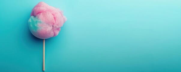 Wall Mural - A pink cotton candy is on a blue background. Free copy space for text.