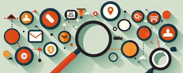 Poster - a colorful image of a magnifying glass with a bunch of icons and circles surrounding it. the image i