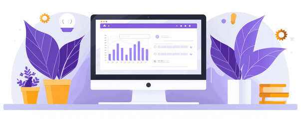 Poster - a computer monitor with a purple background and a plant on the left side. the plant is in a pot and 