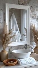 Poster - Mockup of a white background frame inside a minimalist modern bathroom with natural stone accents
