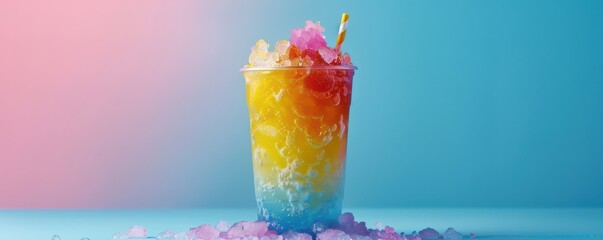 Wall Mural - A vibrant, rainbow-colored crushed ice slushy drink in a clear plastic cup, topped with colorful ice crystals, and a striped straw, against a pastel gradient background.