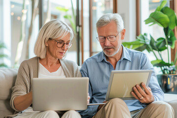 Elderly couple sits on a couch, using a laptop and a tablet in their living room