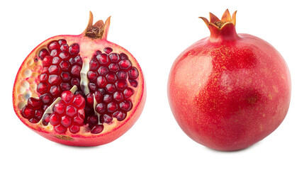 A close-up of a red pomegranate with a slice missing isolated on a transparent background