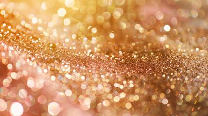 Wall Mural - A close-up photograph of golden glitter with defocused lights in the background
