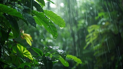 Canvas Print - The sound of rain falling in a dense forest, the droplets hitting leaves and the forest floor, creates a tranquil and immersive atmosphere.