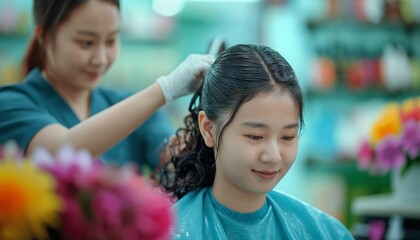 A woman getting her hair done at a salon