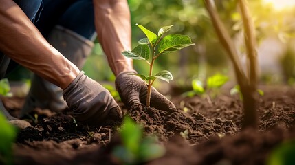 planting a sapling in fertile soil with sunlit backdrop in garden scene