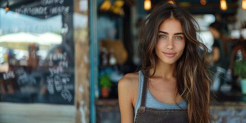 Wall Mural - Street style photography of a beautiful woman wearing an apron, showcasing the full apron, with empty copy space