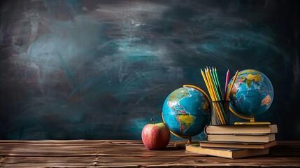 Wall Mural - classic education setup with globes books colorful pencils and apple on chalkboard