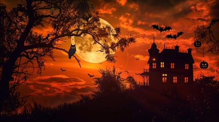 A haunting Halloween night featuring a large full moon with silhouettes of an owl perched on a tree, bats flying across the sky, and a spider dangling from a web. A spooky haunted house and glowing