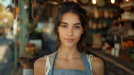 Wall Mural - Street style photography of a beautiful woman wearing an apron, showcasing the full apron, with empty copy space