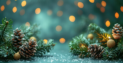 Wall Mural - A close-up of pine branches adorned with golden ornaments and bokeh lights, creating a festive and wintery atmosphere