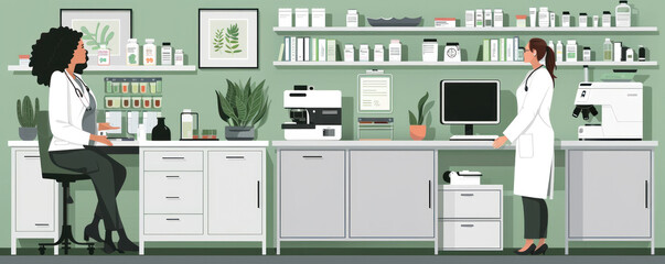Poster - Two women in white lab coats are working in a medical office. One woman is sitting at a desk with a computer, while the other woman is standing at a counter