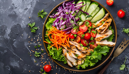 Wall Mural - Healthy salad with chicken, tomatoes, cucumber, lettuce, carrot, celery, red cabbage and mung bean on dark background. Flat lay. Top view